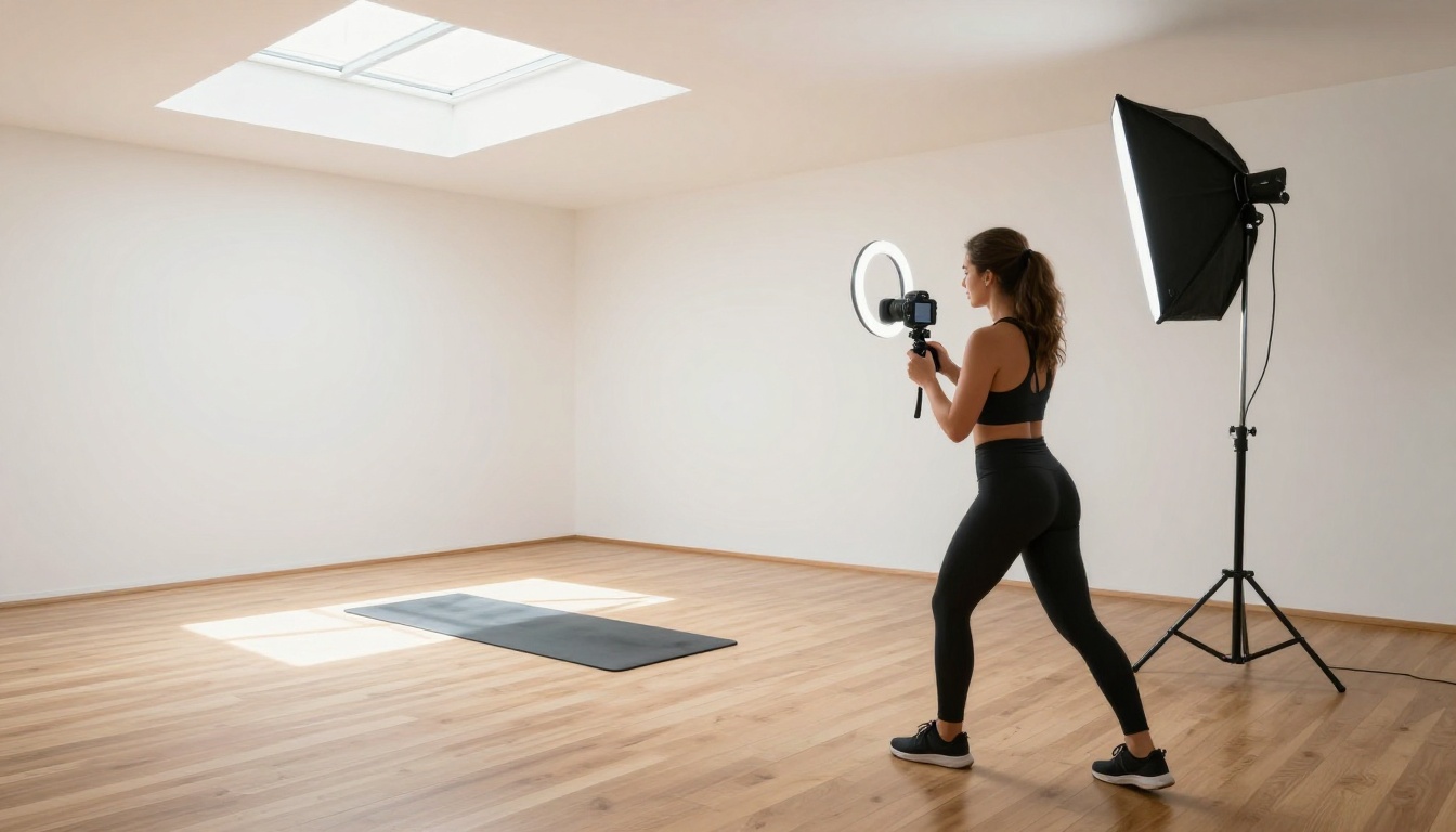 Bright content creation studio with woman filming fitness reel
