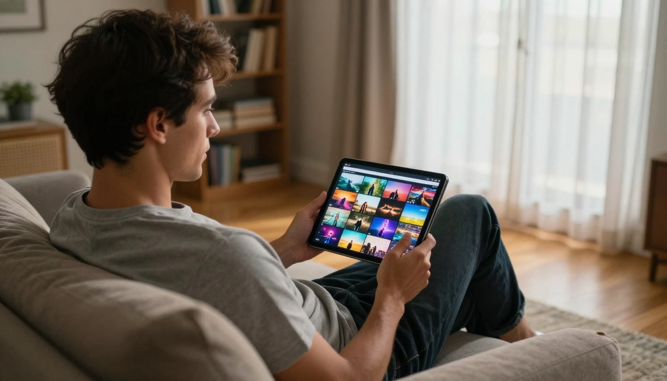 Man relaxing on a couch casually browsing AI video results on a tablet