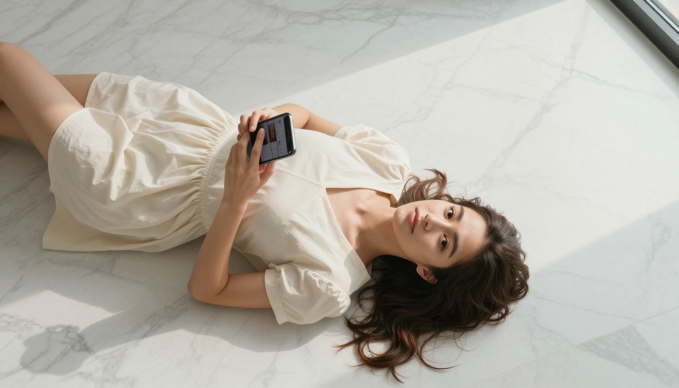 Aerial overhead shot of woman on marble floor with phone