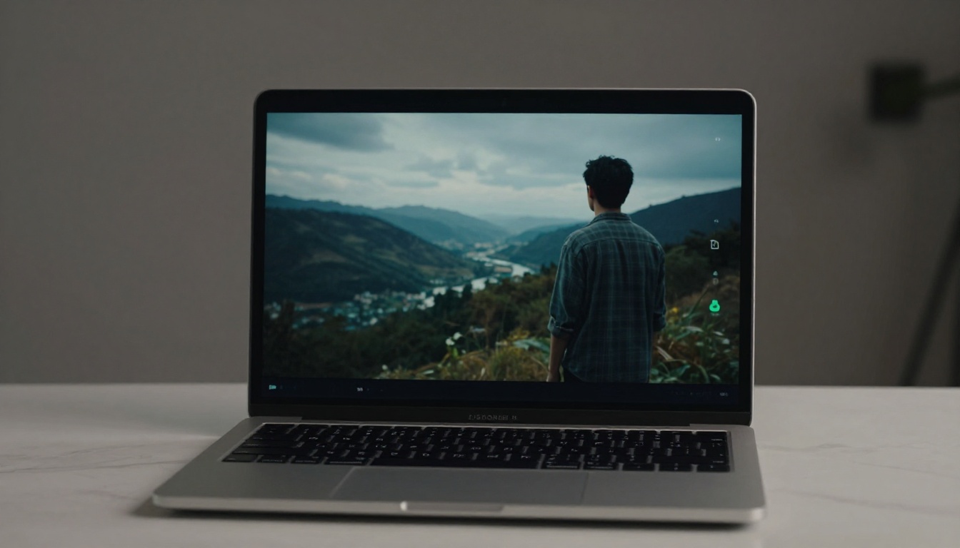 Low angle upward view of an open laptop screen displaying a cinematic video interface