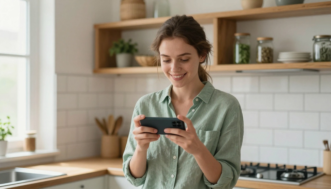 Young woman in a bright kitchen holding a smartphone to create a social media video