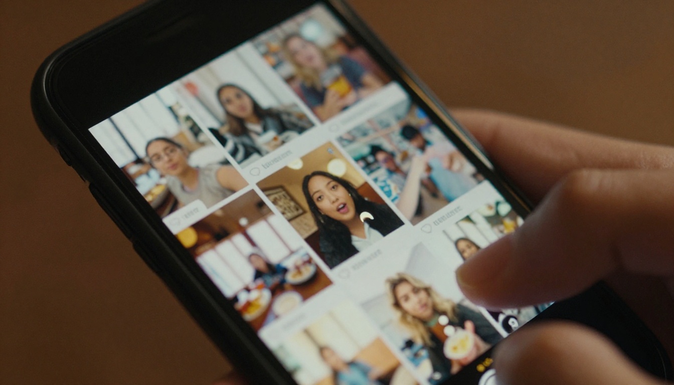 Close-up macro shot of a smartphone screen showing a social media video feed