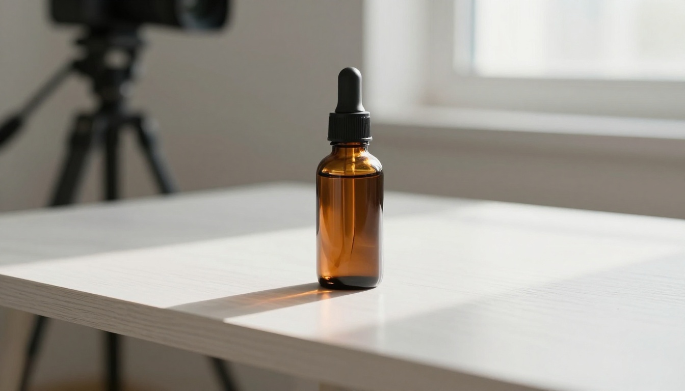 Brown glass skincare bottle on a white table being prepared for a product video shoot