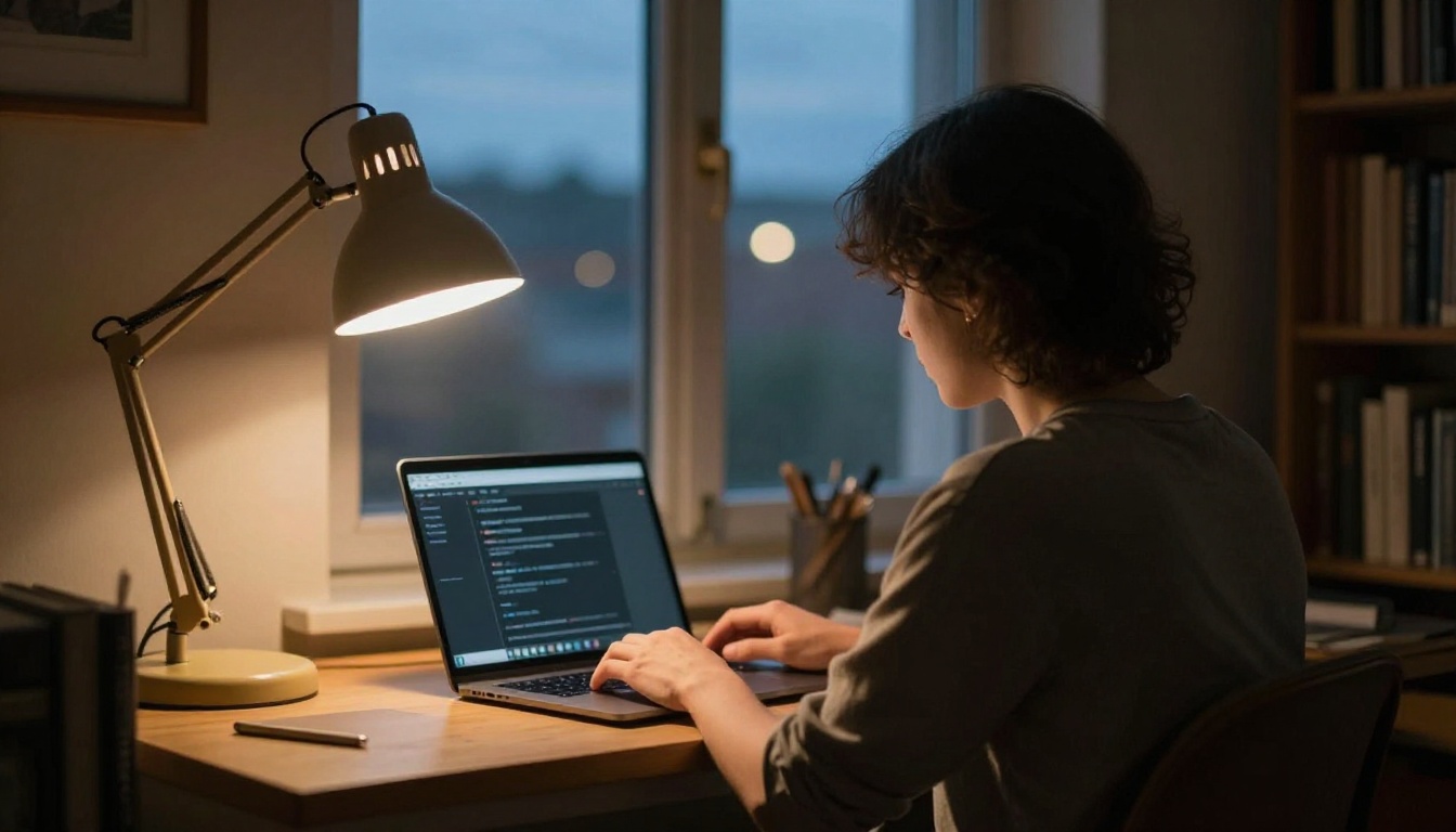 Person from behind working at a laptop late in the evening, amber desk lamp, twilight window view