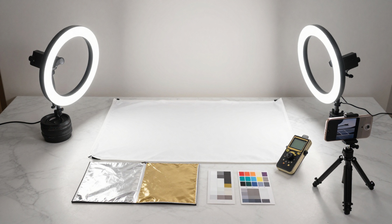 Home photography studio equipment flat lay on marble surface