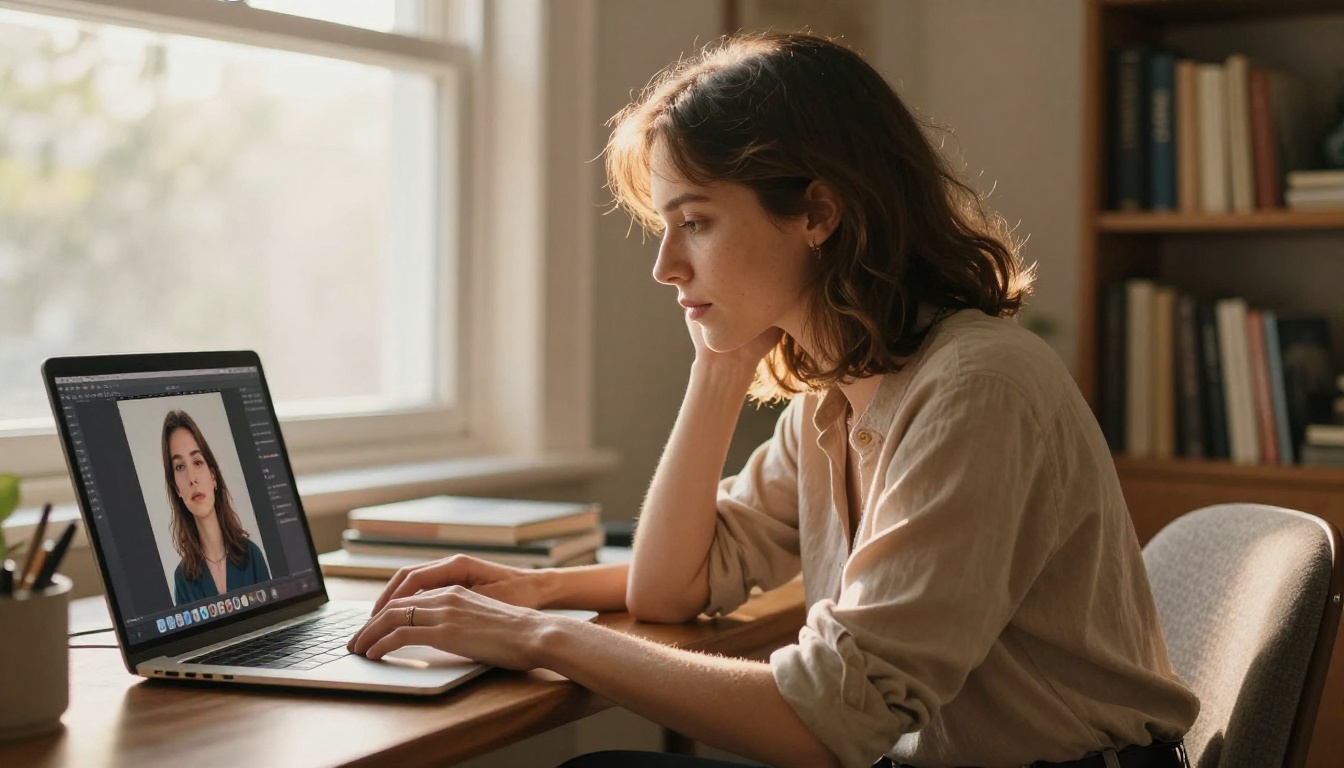 Woman using AI image generation on a laptop at home