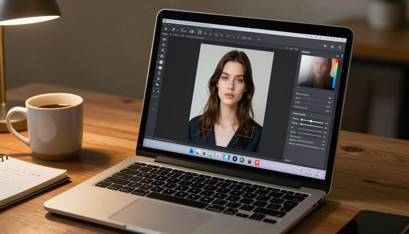 AI photo editing interface on laptop screen showing studio portrait AI photo editing interface on laptop screen showing studio portrait