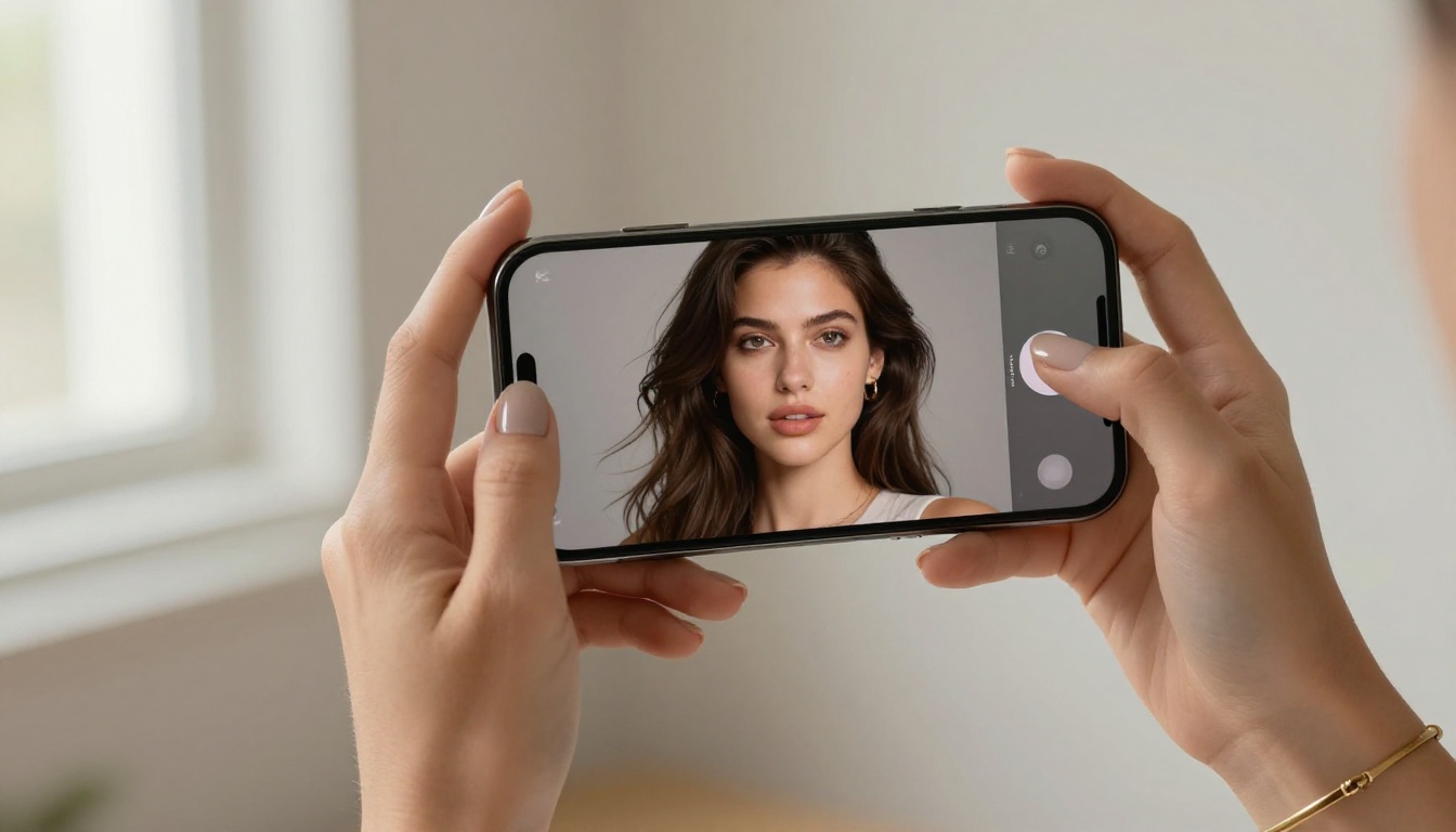Smartphone displaying AI-generated professional studio portrait Smartphone displaying AI-generated professional studio portrait