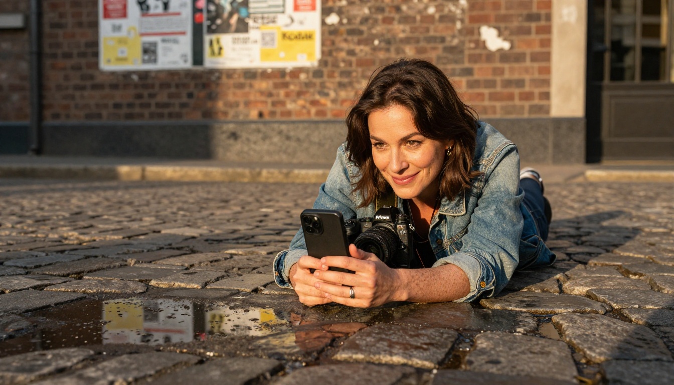 Phone creator lying on cobblestone street capturing the perfect angle with her smartphone