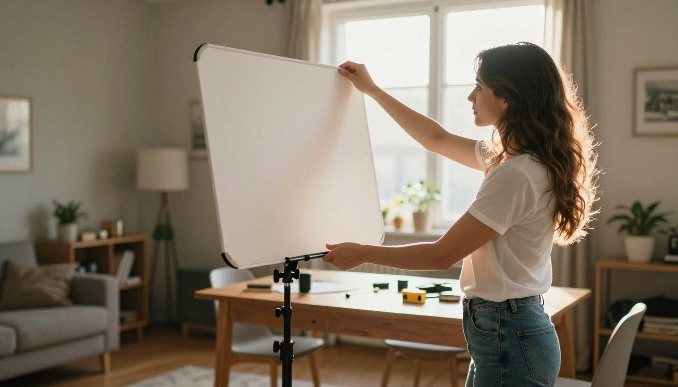 Woman setting up home studio lighting with diffuser panel