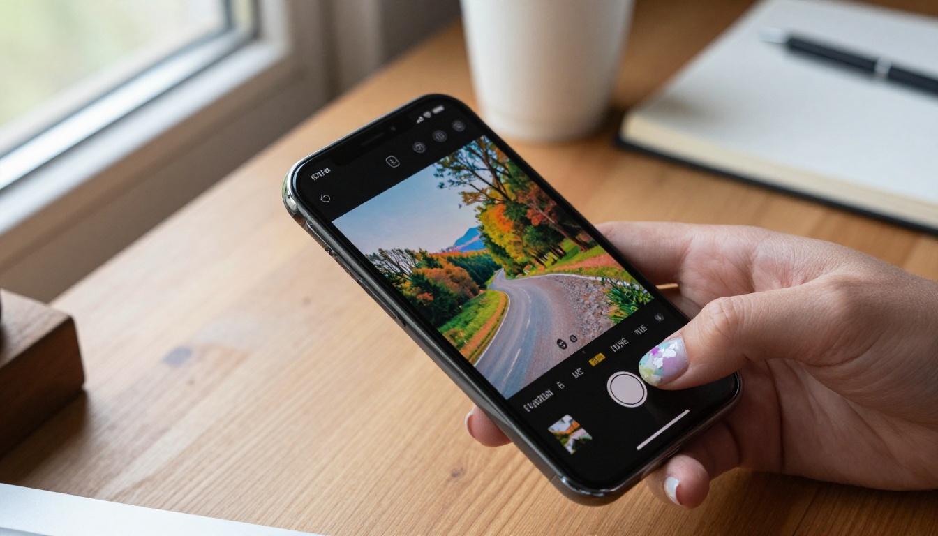 Overhead view of hands editing a landscape photo on a smartphone with coffee and notebook nearby