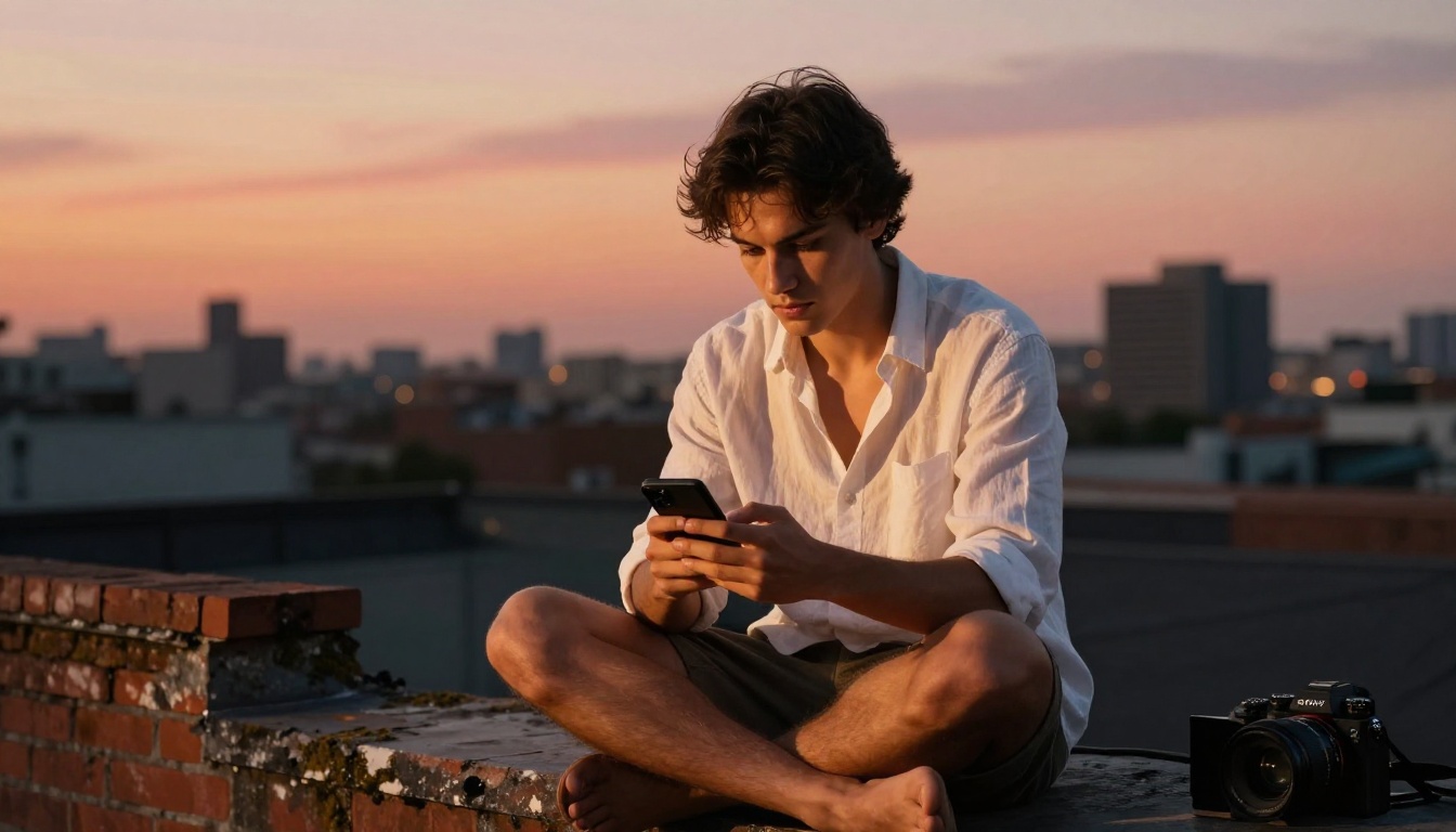 Young man editing a video on a smartphone at golden hour on a rooftop with city skyline behind