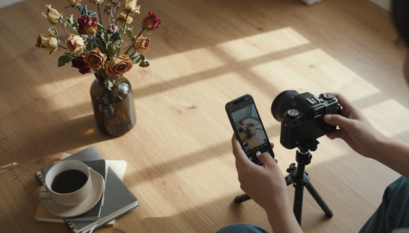 Aerial top-down view of content creator's flat lay workspace with smartphone on tripod and arranged props