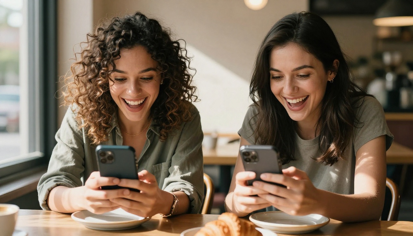 Two women at a cafe table laughing together while looking at the same smartphone screen