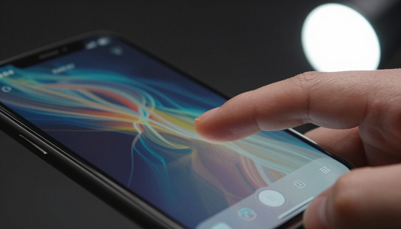 Close-up macro shot of a thumb touching a smartphone screen showing an AI image generation interface Close-up macro shot of a thumb touching a smartphone screen showing an AI image generation interface