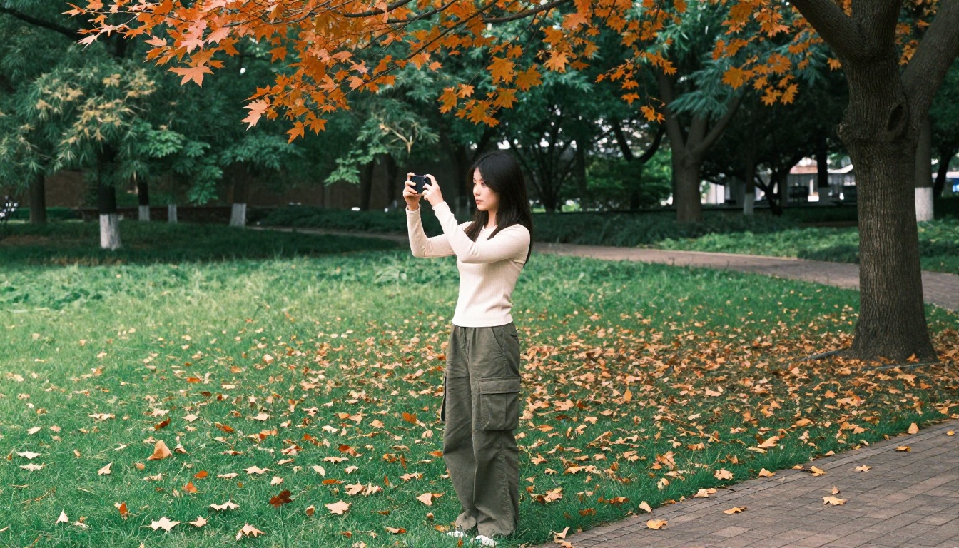 Young woman in a park holding her smartphone above her head to capture aerial shot of autumn leaves Young woman in a park holding her smartphone above her head to capture aerial shot of autumn leaves