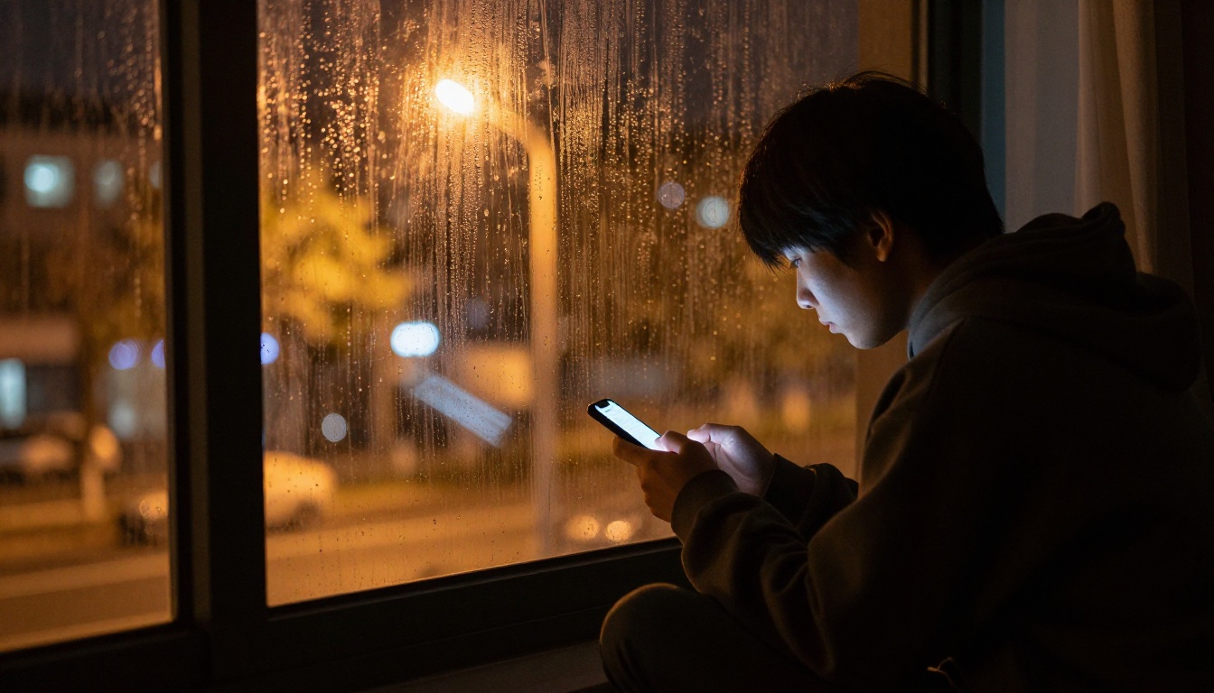 Person editing content at night on a smartphone while sitting on a windowsill with city lights below Person editing content at night on a smartphone while sitting on a windowsill with city lights below