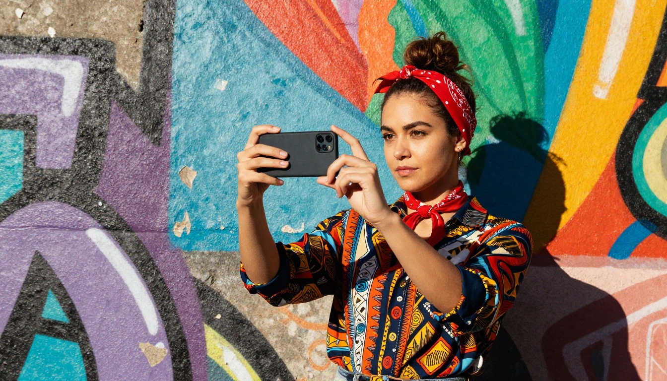 Confident female content creator standing in front of a colorful urban mural, shooting a video selfie with her smartphone Confident female content creator standing in front of a colorful urban mural, shooting a video selfie with her smartphone