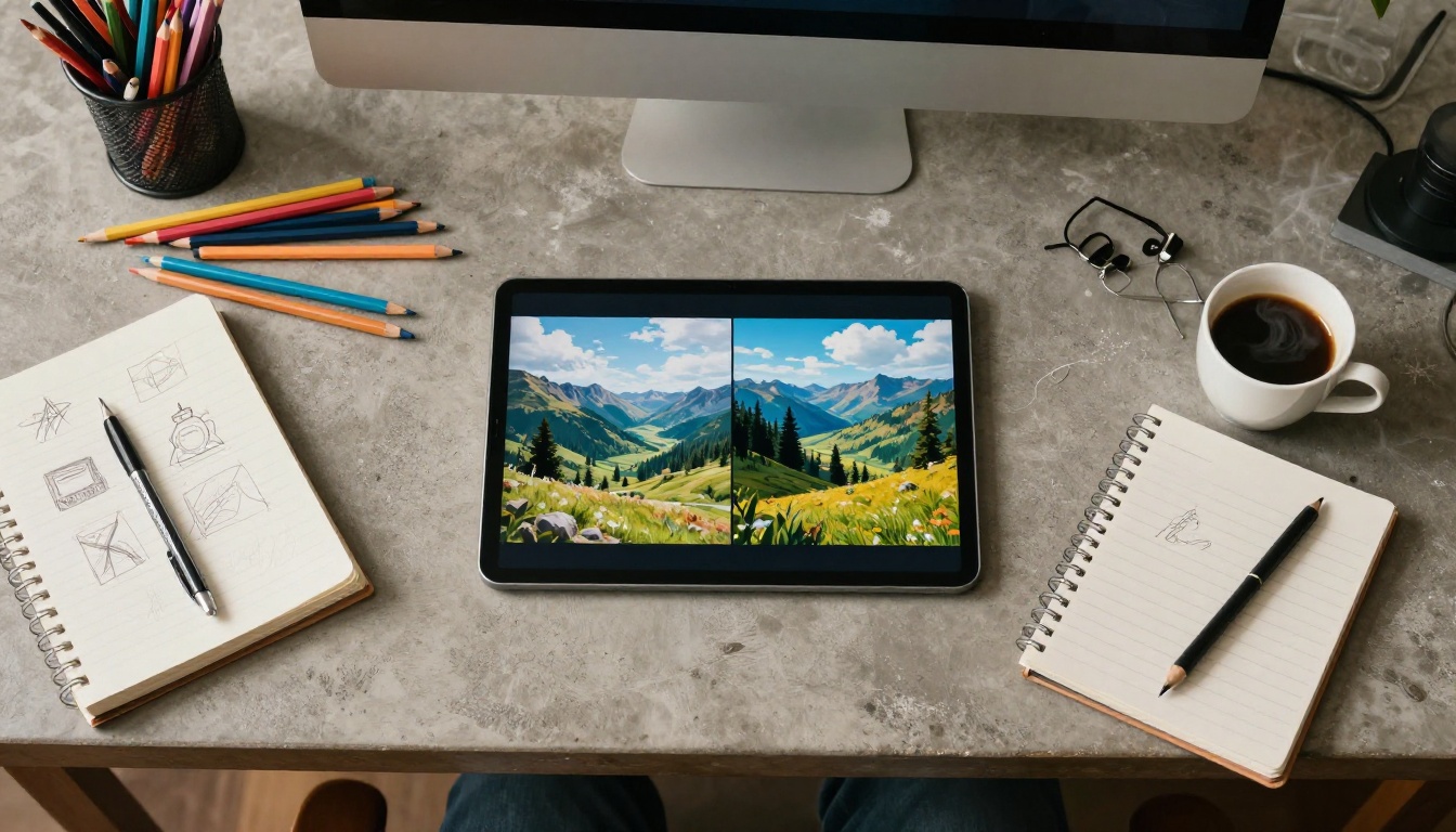 Aerial top-down shot of a creative workspace with a tablet displaying AI image comparison surrounded by colored pencils