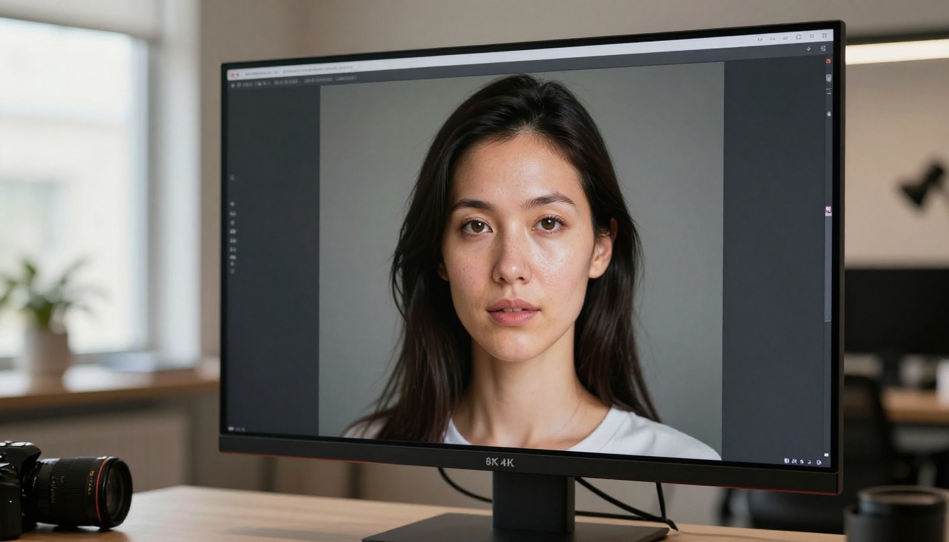 Professional photographer in her 30s reviewing AI-generated portrait images on a large 4K monitor in a clean modern studio