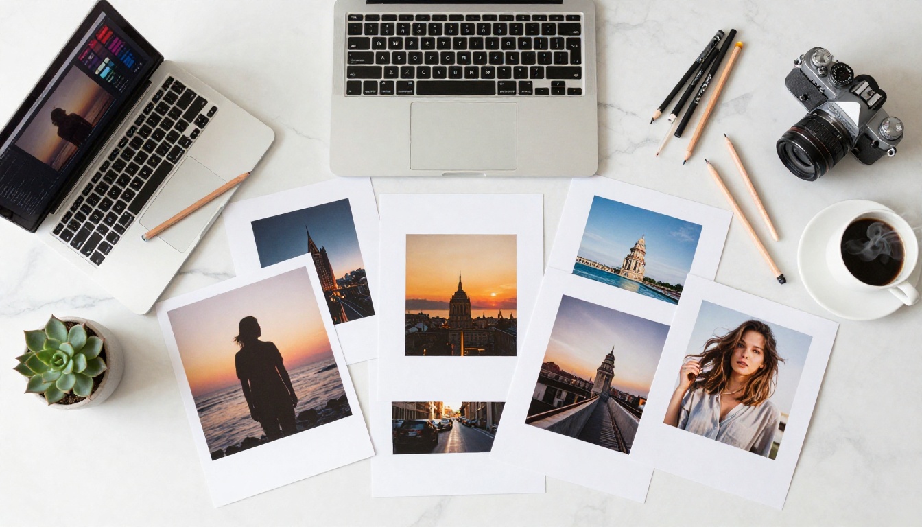 Professional flat lay of AI creative workflow tools and devices