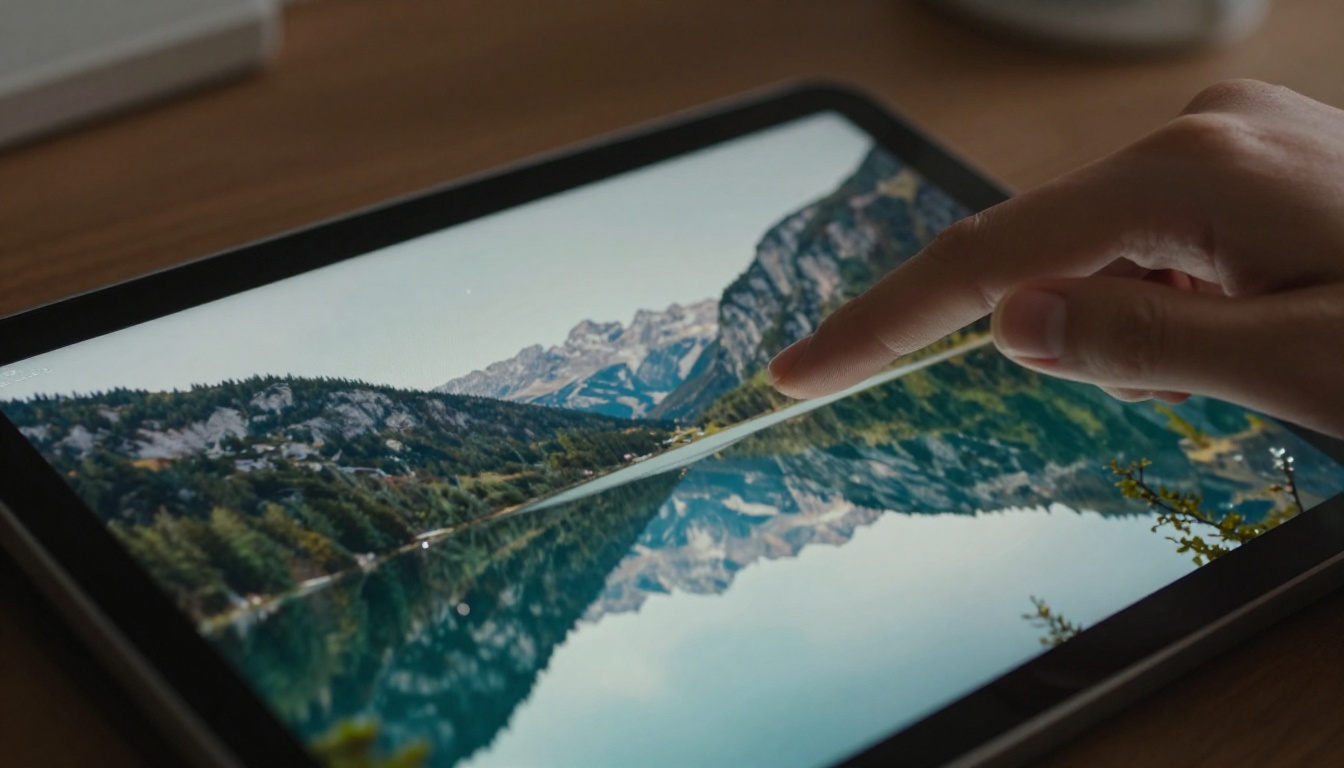 Close-up of tablet screen displaying a stunning AI-generated mountain lake landscape with a finger hovering above the screen