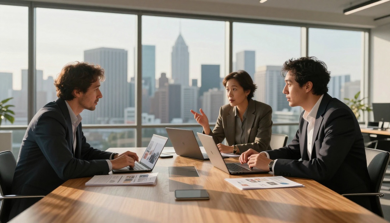 Creative directors reviewing AI-generated visual content in modern office