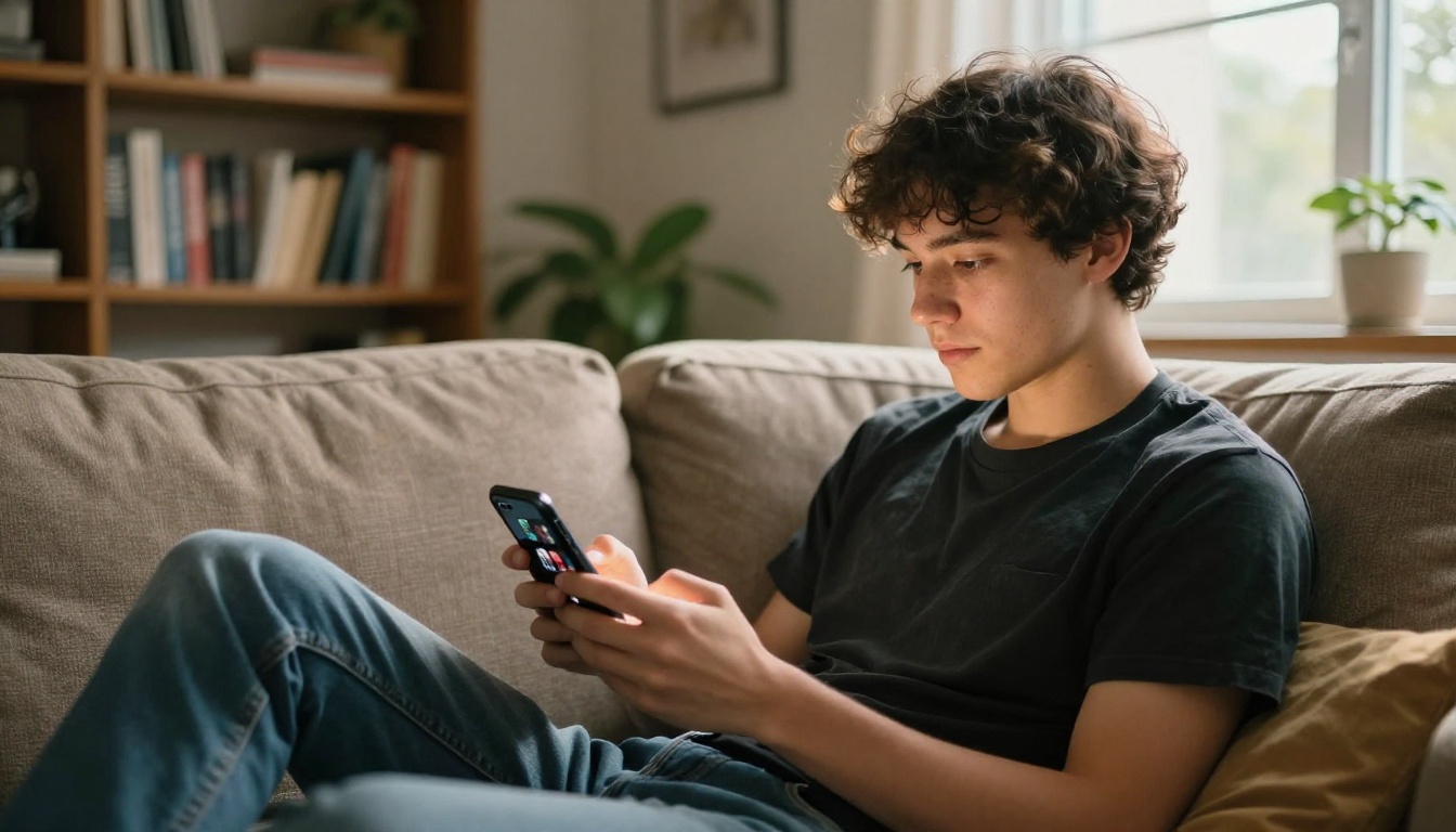Creative young man in his 20s sitting cross-legged on a comfortable couch holding a smartphone showing a grid of colorful AI-generated images
