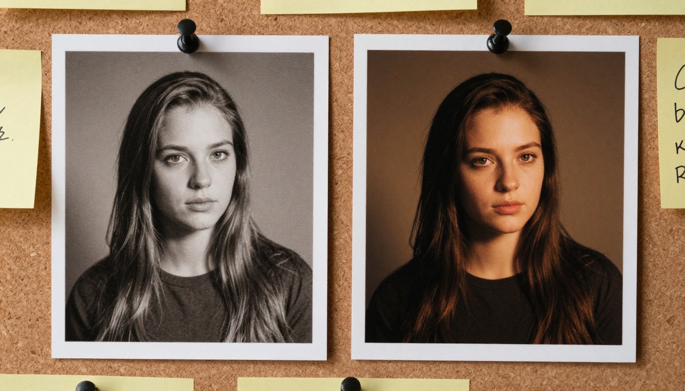 Two printed photographs pinned on a cork board side by side showing different color science and contrast in AI-generated images