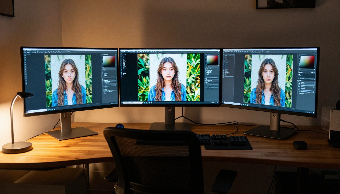 Wide-angle shot of a modern home office with three monitors showing AI image upscaling comparison with before-and-after crop detail