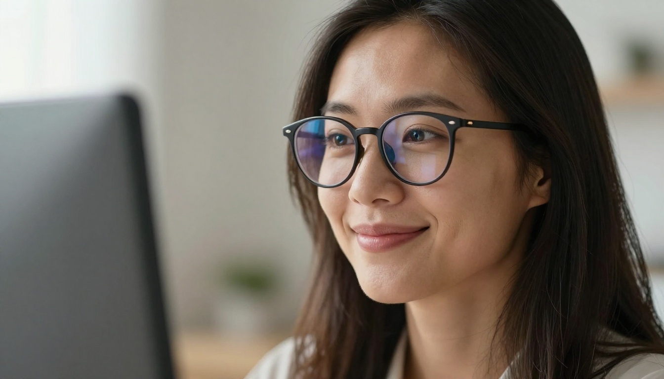 Close-up portrait of a focused woman in her 30s with glasses reflecting the bright glow of a monitor showing genuine satisfaction at AI-generated results