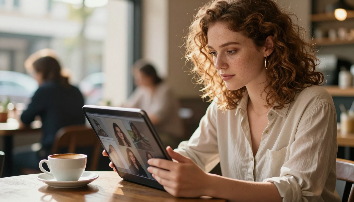 Photographer reviewing AI-generated images on tablet in cafe setting