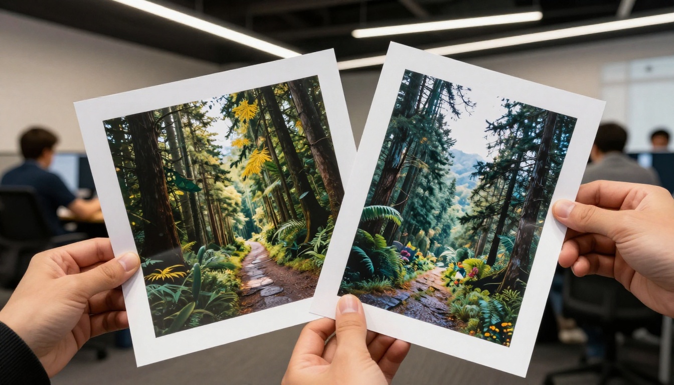 Low-angle shot of a designer's hands holding two printed A4 photo sheets showing high-resolution AI-generated nature photography