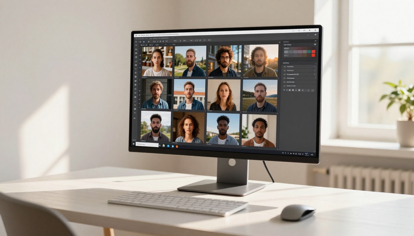 Professional AI image generation dashboard on large monitor in home office