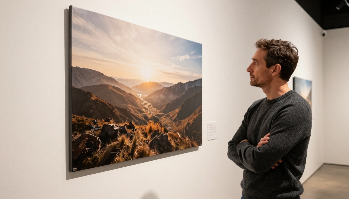 Creative director reviewing AI artwork in modern gallery setting Creative director reviewing AI artwork in modern gallery setting