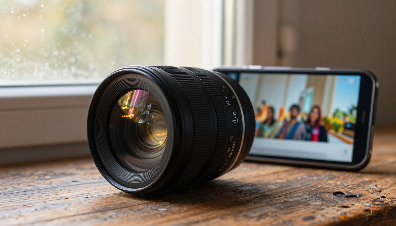 Close-up of camera lens and AI generation app on smartphone Close-up of camera lens and AI generation app on smartphone
