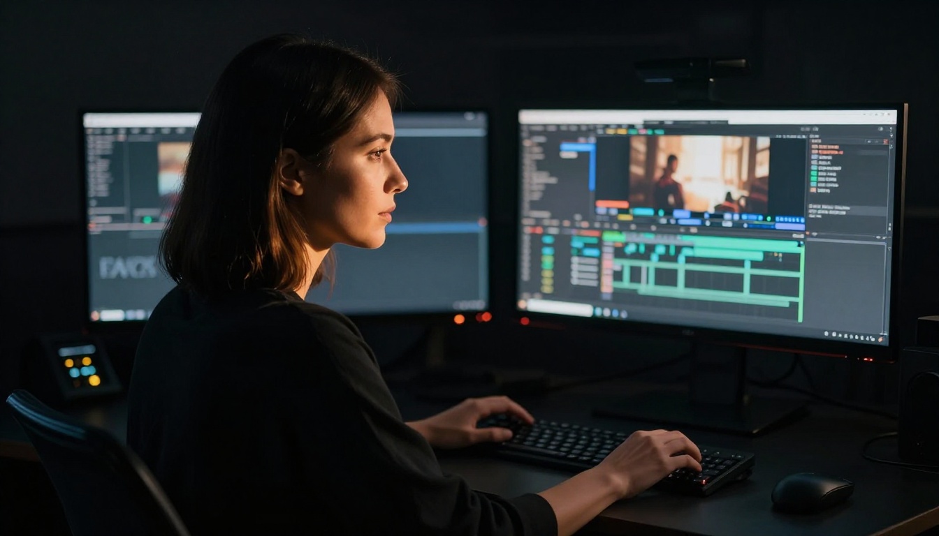 Woman video editor working at dual monitor setup in dark editing suite Woman video editor working at dual monitor setup in dark editing suite