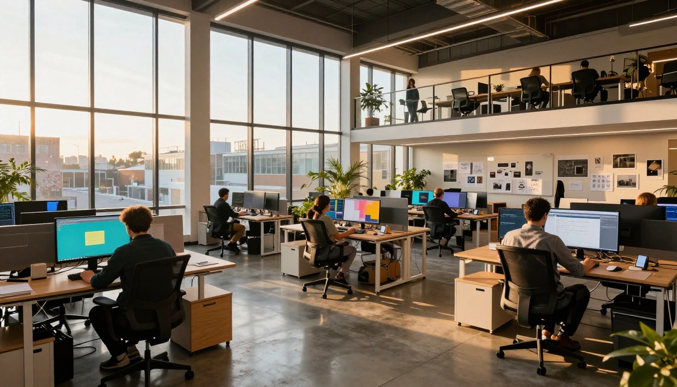 Modern open-plan creative agency office with teams working on AI projects Modern open-plan creative agency office with teams working on AI projects