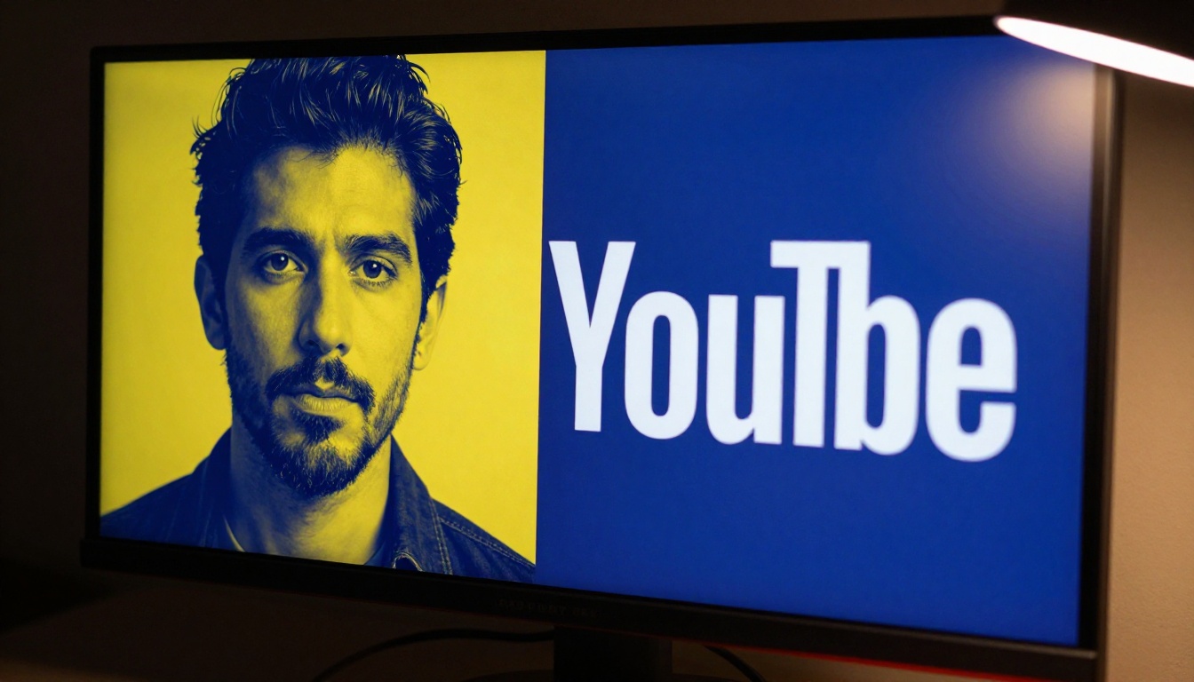 Close-up of a monitor displaying a bold high-contrast thumbnail design with yellow and blue color blocking
