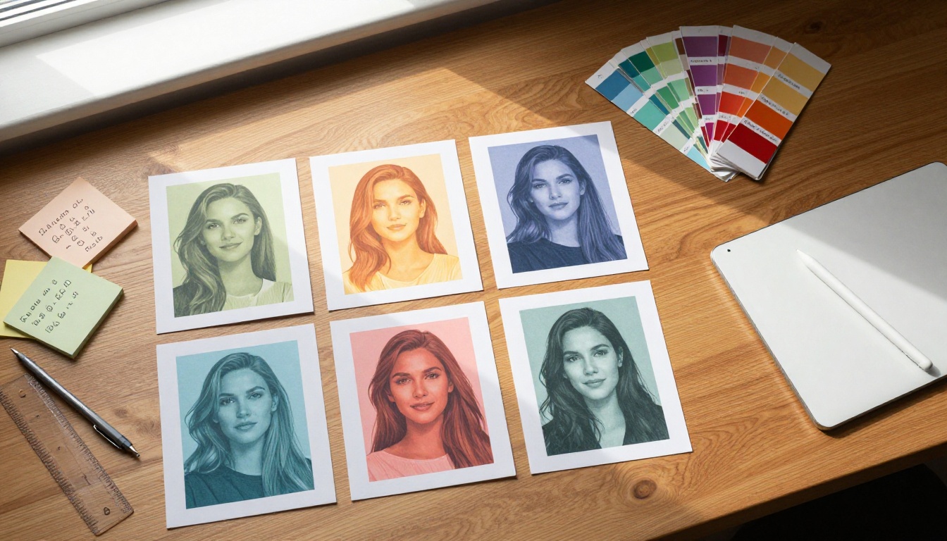 Overhead aerial shot of designer's desk with printed thumbnail mockups and color swatches