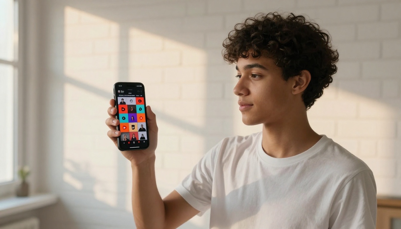 A young man holding a smartphone showing a YouTube feed filled with colorful high-contrast thumbnails