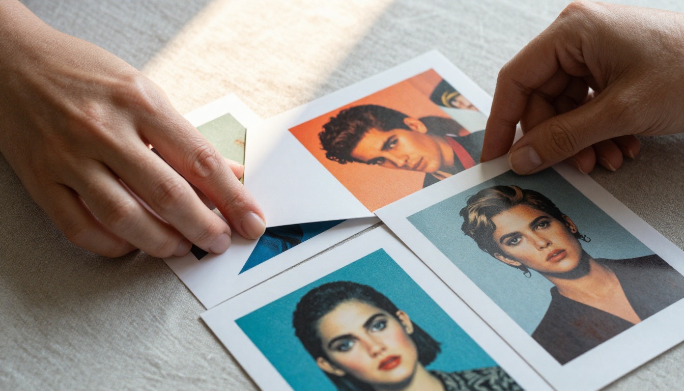 Hands carefully arranging printed thumbnail compositions on a linen surface