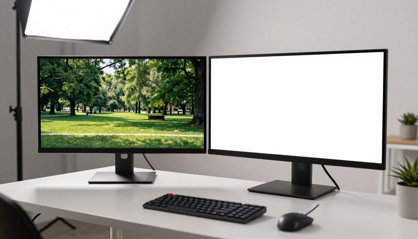 Dual monitor setup showing before and after background removal comparison for a portrait photo