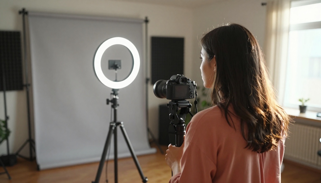 A video creator in a professional home studio with ring light and camera on tripod