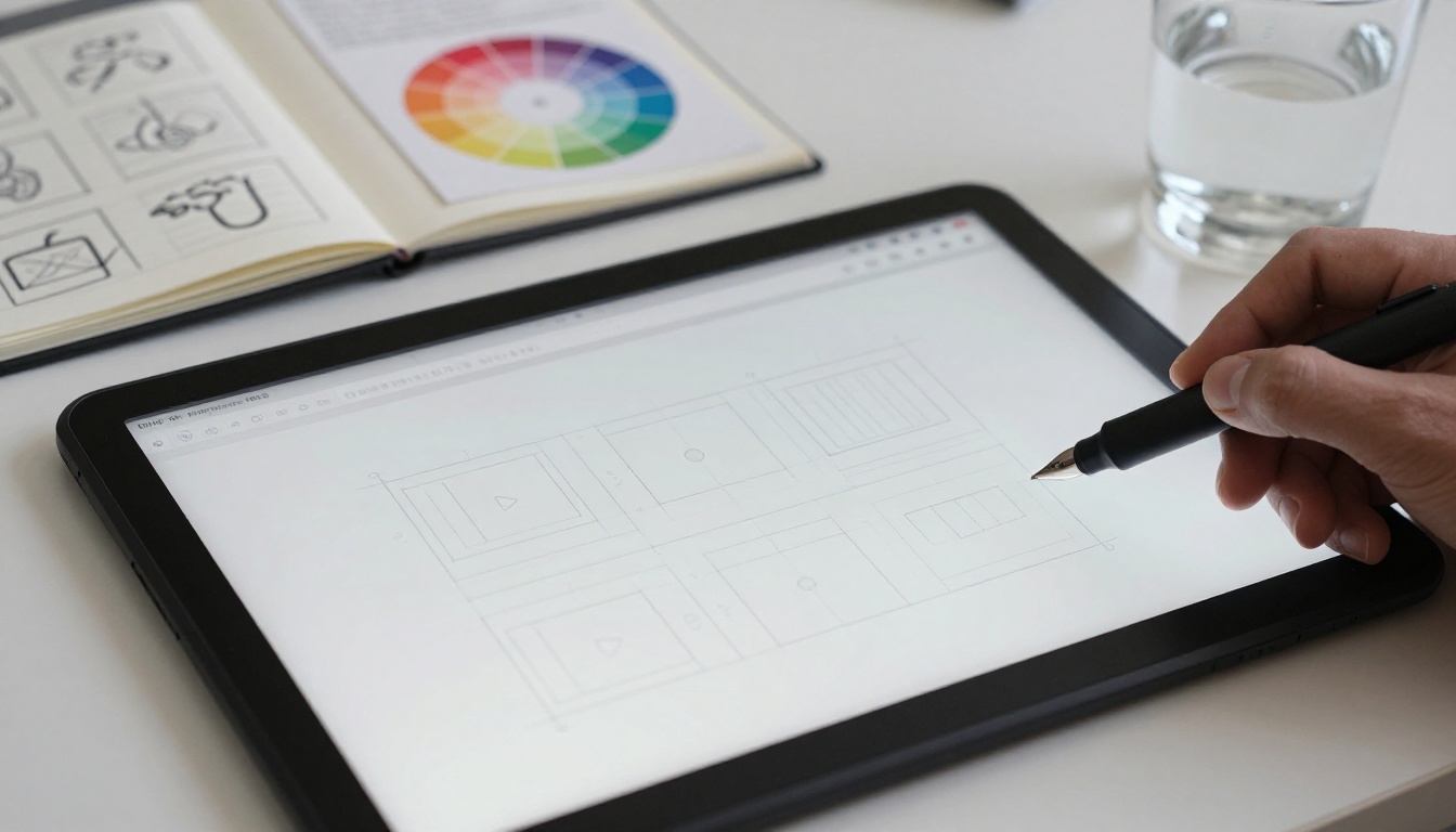 Graphics tablet with thumbnail composition sketch guides on a clean white desk