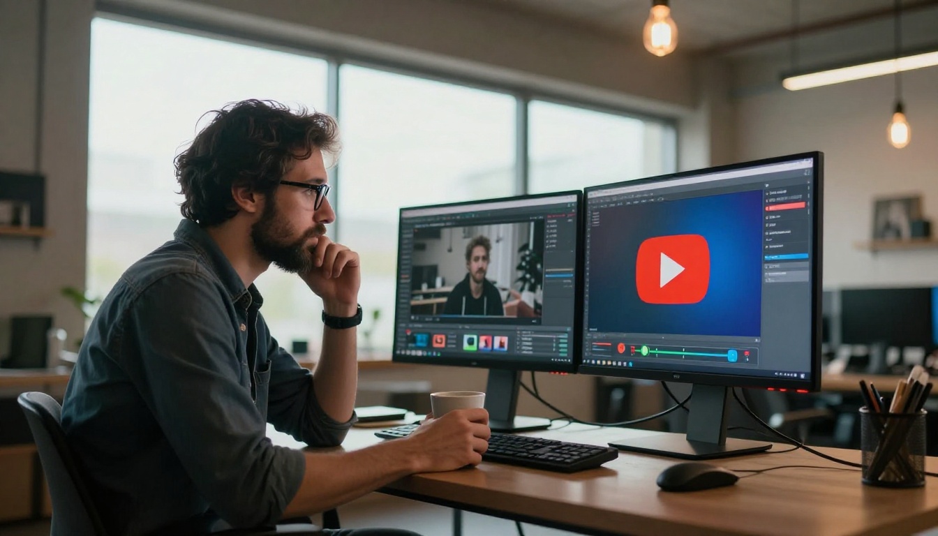 A designer reviewing thumbnail A/B performance on a dual monitor setup