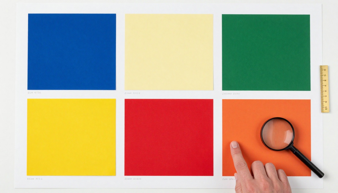 Aerial view of printed color palette swatches showing high-contrast color combinations for thumbnails