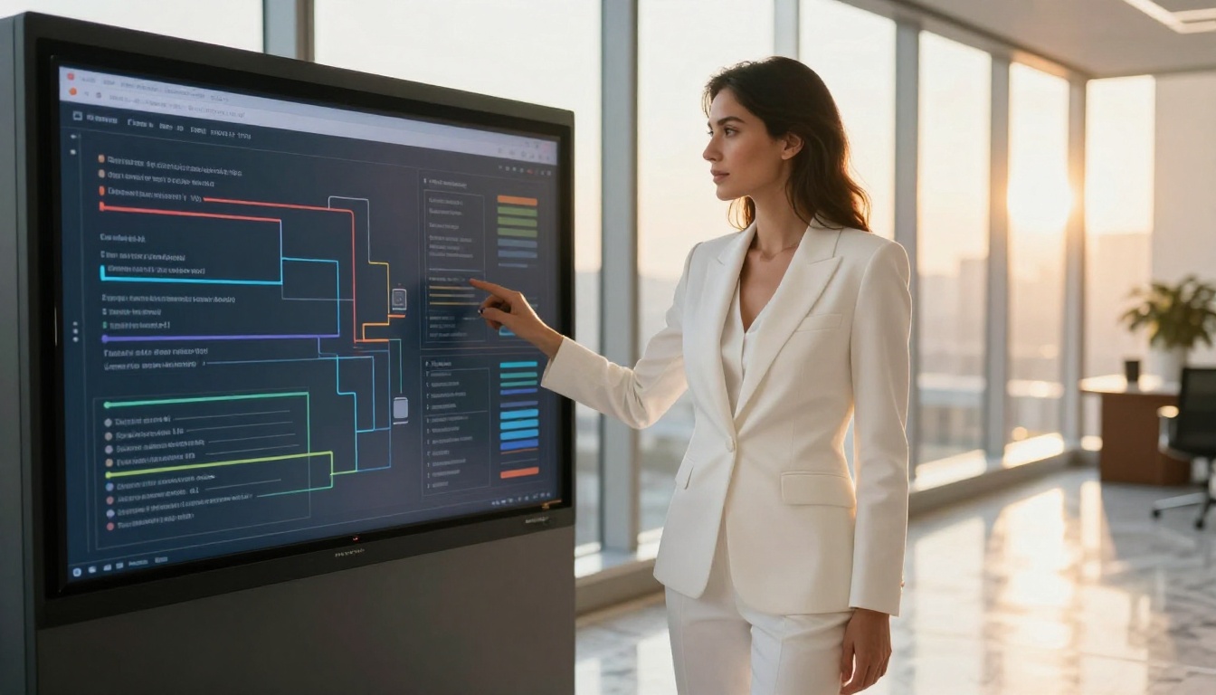 A woman in a white blazer reviewing AI policy documentation on a large touchscreen interface