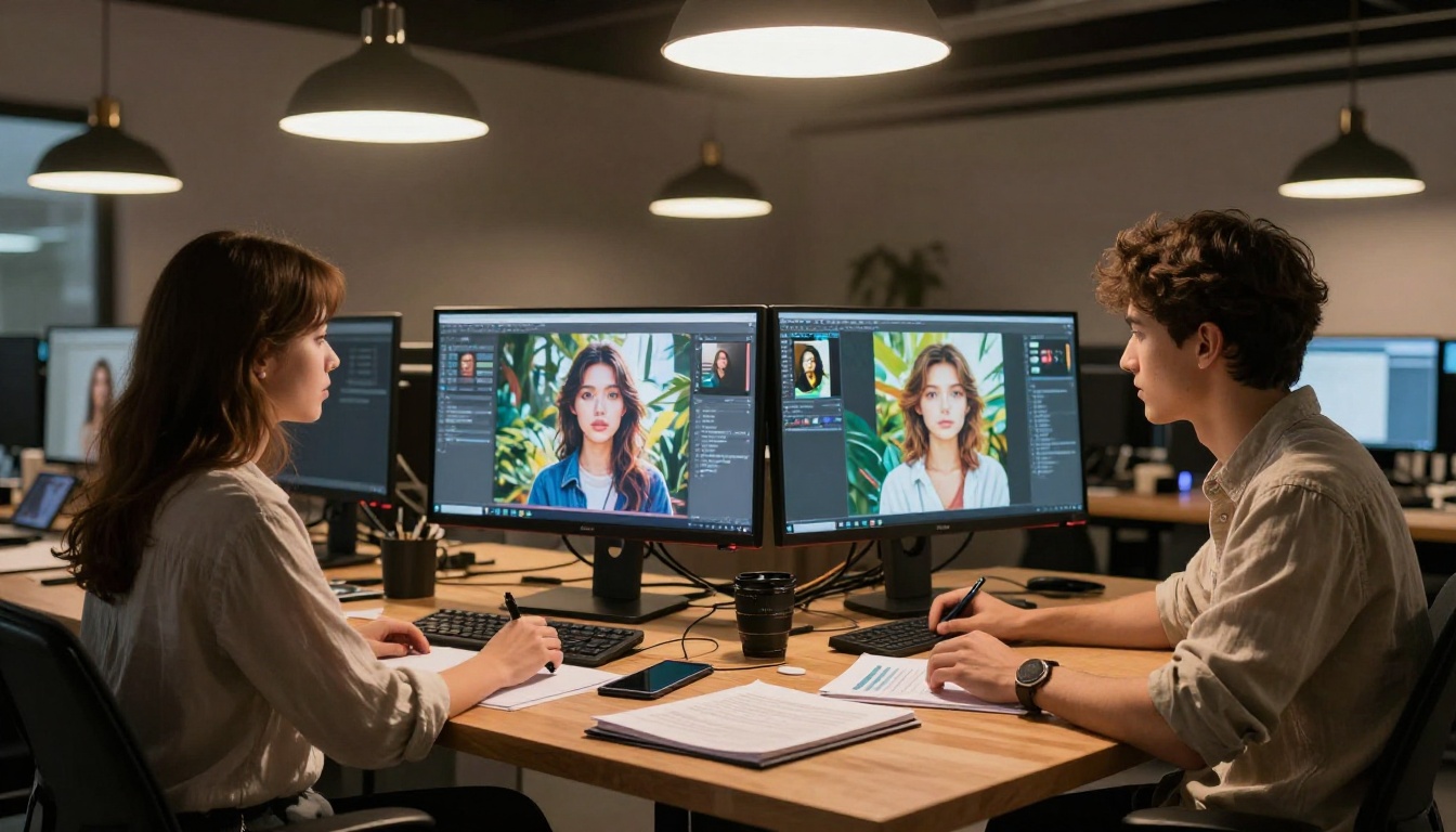 Two creators at a studio workstation generating AI images on professional monitors