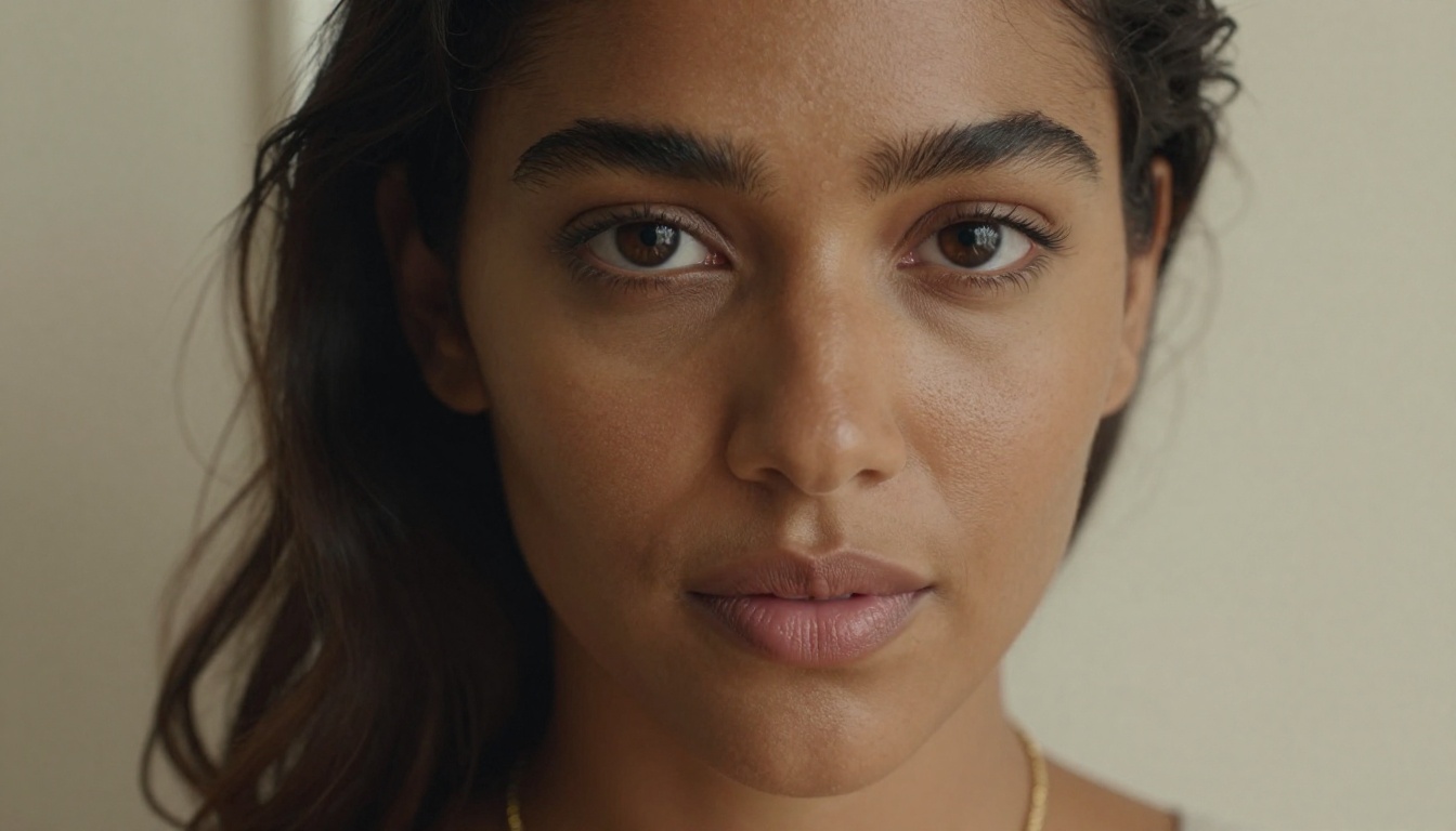 A close-up beauty portrait of a woman with caramel skin, almond-shaped eyes, and a delicate gold chain necklace, soft Rembrandt window light from the left creating a shadow triangle on her right cheek